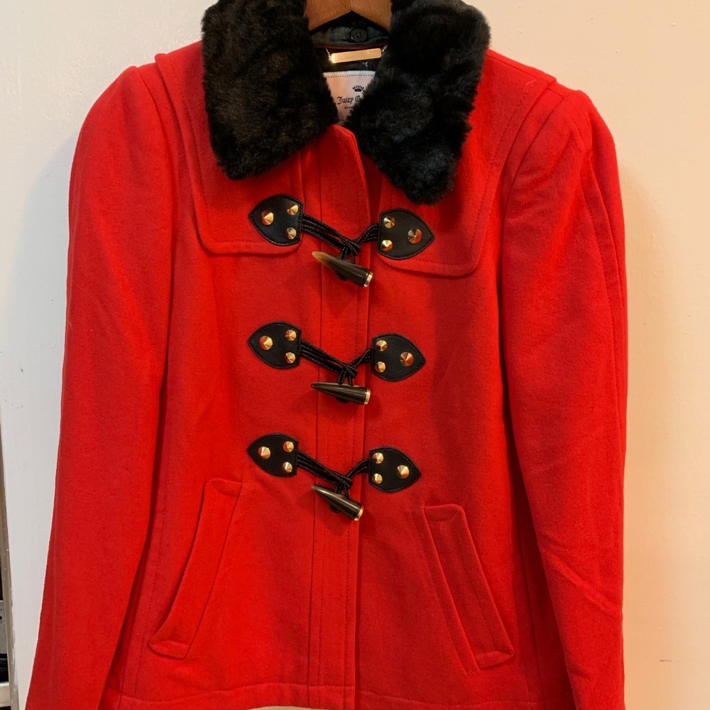 Juicy Couture Red Wool Toggle Duffle Coat with Fur - Picture 6 of 8